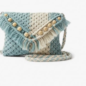 SARMAD HANDICRAFT Handmade Macrame Crossbody Bag, Sky Blue and White Cotton Crochet, Boho Style with Wooden Beads and Fringe Detailing
